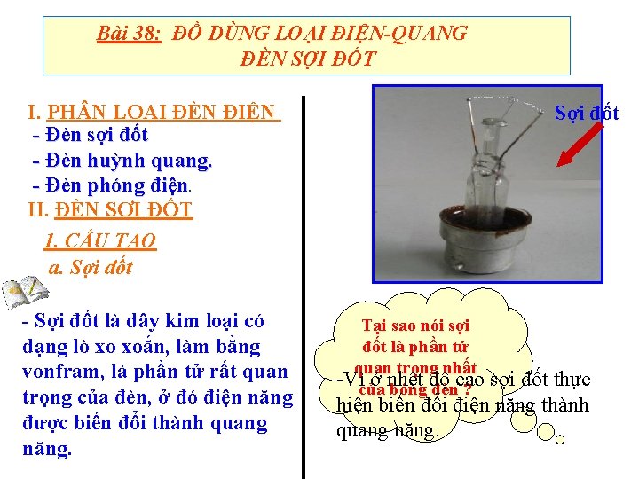 Bài 38: ĐỒ DÙNG LOẠI ĐIỆN-QUANG ĐÈN SỢI ĐỐT I. PH N LOẠI ĐÈN