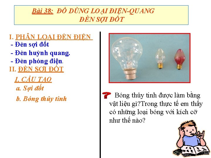 Bài 38: ĐỒ DÙNG LOẠI ĐIỆN-QUANG ĐÈN SỢI ĐỐT I. PH N LOẠI ĐÈN