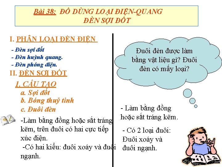 Bài 38: ĐỒ DÙNG LOẠI ĐIỆN-QUANG ĐÈN SỢI ĐỐT I. PH N LOẠI ĐÈN