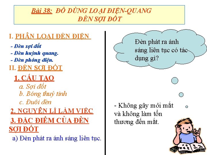 Bài 38: ĐỒ DÙNG LOẠI ĐIỆN-QUANG ĐÈN SỢI ĐỐT I. PH N LOẠI ĐÈN