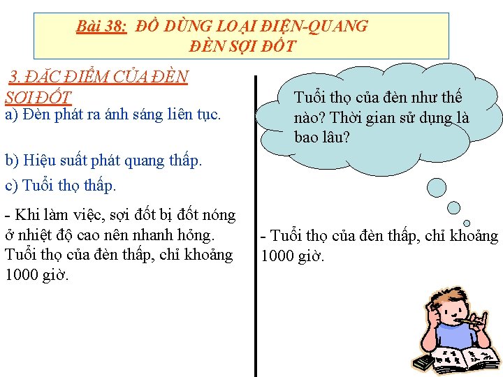 Bài 38: ĐỒ DÙNG LOẠI ĐIỆN-QUANG ĐÈN SỢI ĐỐT 3. ĐẶC ĐIỂM CỦA ĐÈN