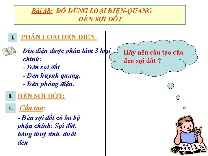 Bài 38: ĐỒ DÙNG LOẠI ĐIỆN-QUANG ĐÈN SỢI ĐỐT I. PH N LOẠI ĐÈN