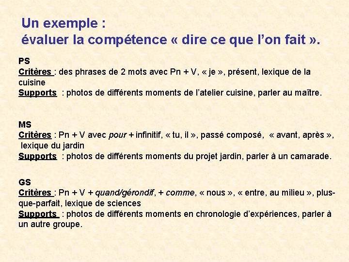 Un exemple : évaluer la compétence « dire ce que l’on fait » .