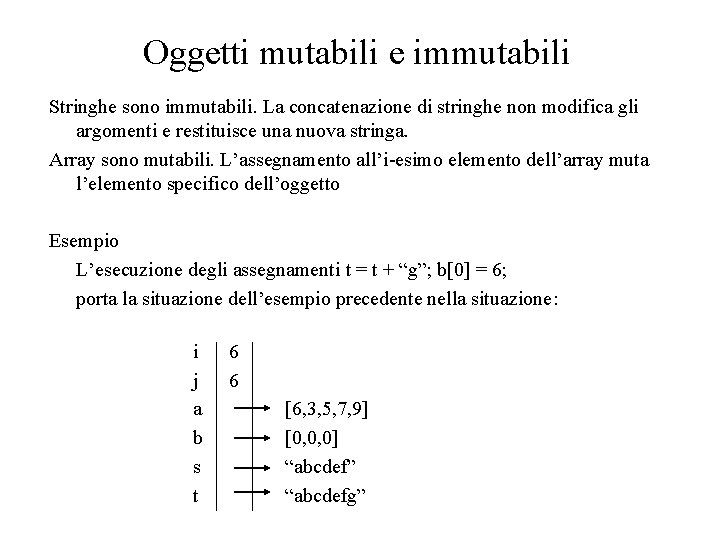 Oggetti mutabili e immutabili Stringhe sono immutabili. La concatenazione di stringhe non modifica gli