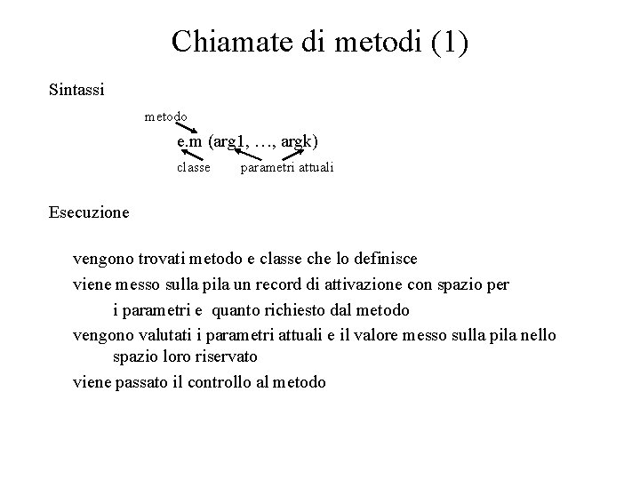 Chiamate di metodi (1) Sintassi metodo e. m (arg 1, …, argk) classe parametri