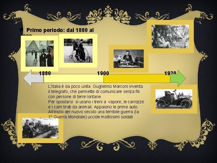 P Primo periodo: dal 1880 al 1920…. 1880 1900 L’Italia è da poco unita.
