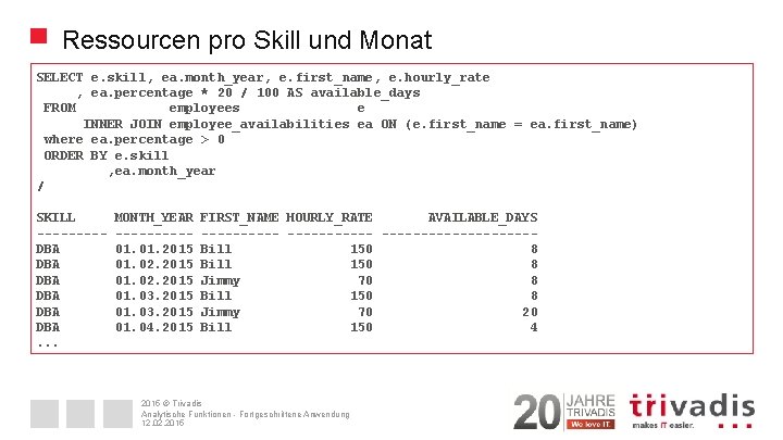 Ressourcen pro Skill und Monat SELECT e. skill, ea. month_year, e. first_name, e. hourly_rate