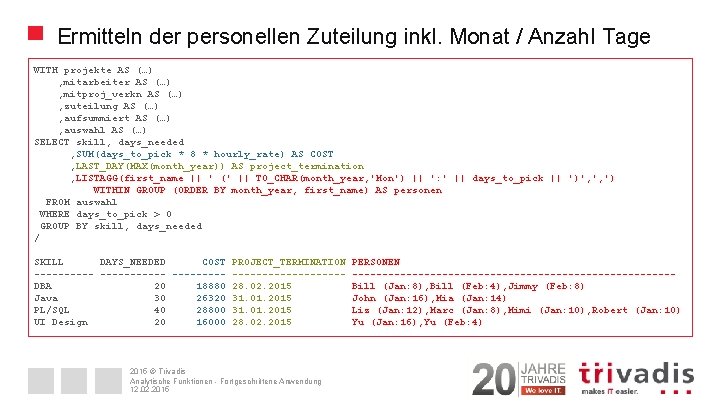 Ermitteln der personellen Zuteilung inkl. Monat / Anzahl Tage WITH projekte AS (…) ,