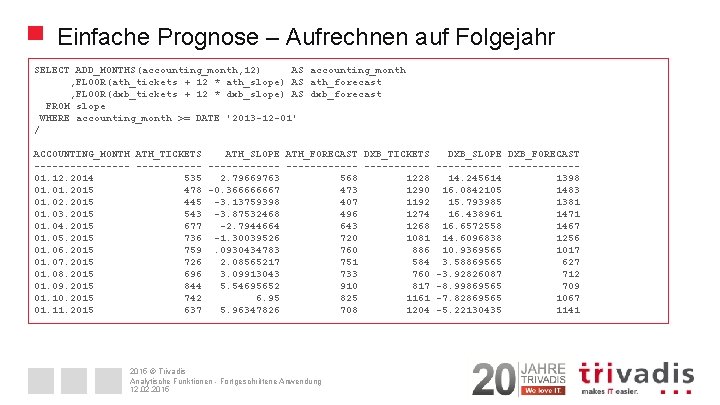 Einfache Prognose – Aufrechnen auf Folgejahr SELECT ADD_MONTHS(accounting_month, 12) AS accounting_month , FLOOR(ath_tickets +