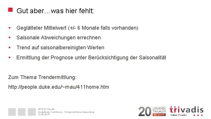 Gut aber…was hier fehlt: § Geglätteter Mittelwert (+/- 6 Monate falls vorhanden) § Saisonale