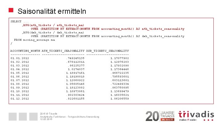 Saisonalität ermitteln SELECT. . . , AVG(ath_tickets / ath_tickets_ma) OVER (PARTITION BY EXTRACT(MONTH FROM