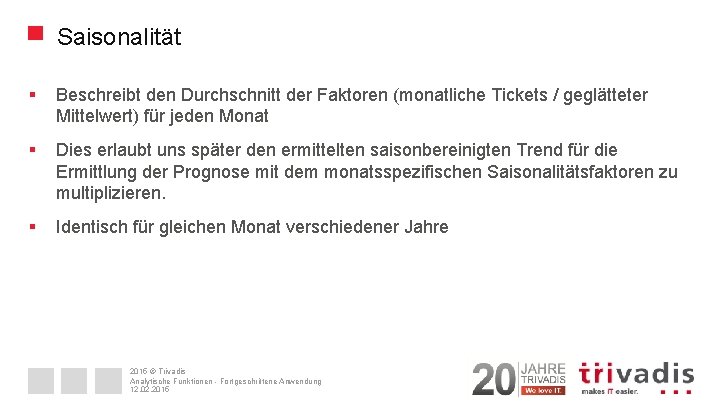 Saisonalität § Beschreibt den Durchschnitt der Faktoren (monatliche Tickets / geglätteter Mittelwert) für jeden