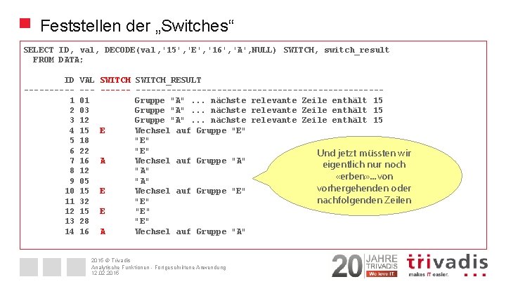 Feststellen der „Switches“ SELECT ID, val, DECODE(val, '15', 'E', '16', 'A', NULL) SWITCH, switch_result