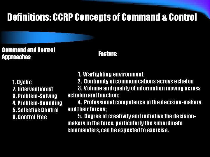 Definitions: CCRP Concepts of Command & Control Command Control Approaches Factors: 1. Warfighting environment