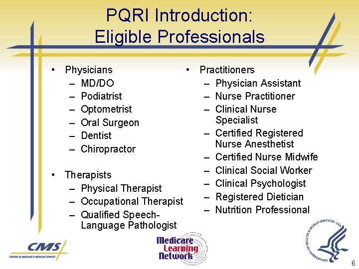 PQRI Introduction: Eligible Professionals • Physicians – MD/DO – Podiatrist – Optometrist – Oral