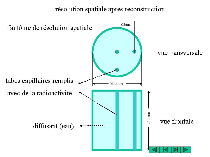 résolution spatiale après reconstruction fantôme de résolution spatiale 80 mm vue transversale tubes capillaires
