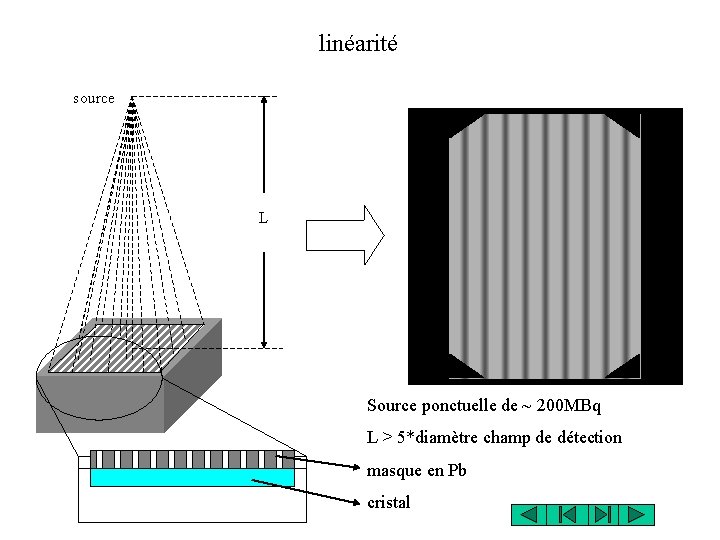 linéarité source L Source ponctuelle de ~ 200 MBq L > 5*diamètre champ de