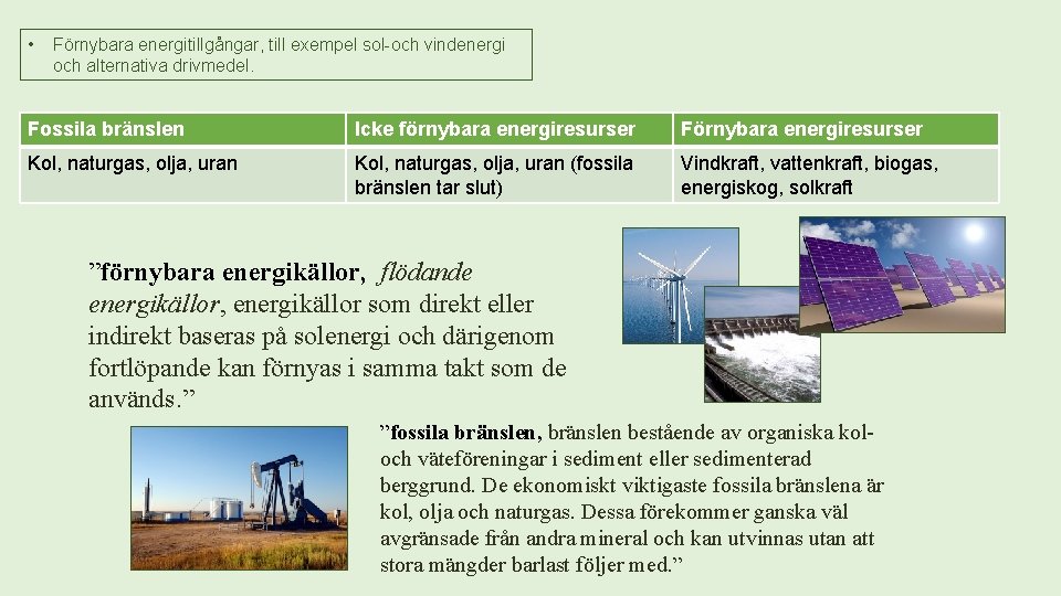  • Förnybara energitillgångar, till exempel sol-och vindenergi och alternativa drivmedel. Fossila bränslen Icke