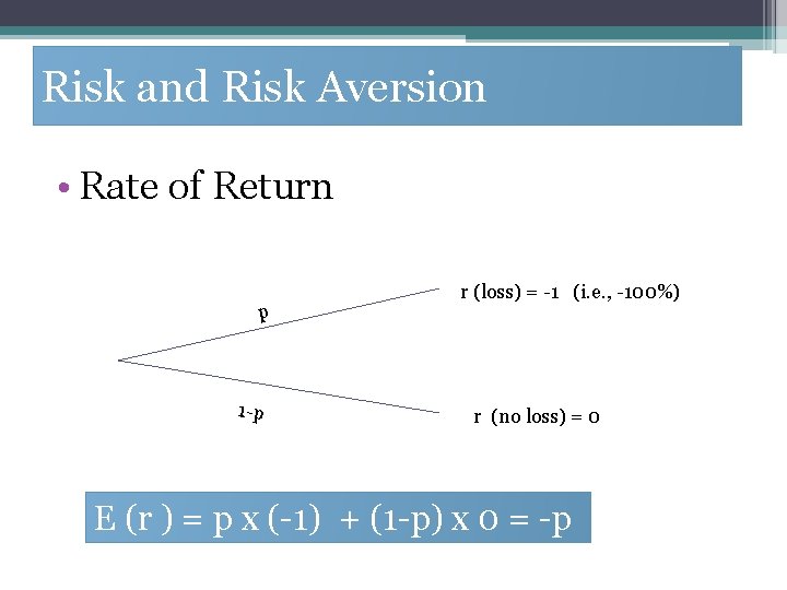 Risk and Risk Aversion • Rate of Return p 1 -p r (loss) =