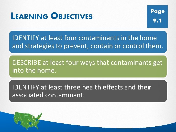 LEARNING OBJECTIVES Page 9. 1 IDENTIFY at least four contaminants in the home and