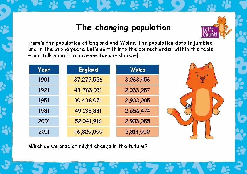 The changing population Here’s the population of England Wales. The population data is jumbled