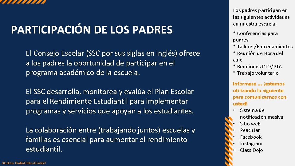 PARTICIPACIÓN DE LOS PADRES El Consejo Escolar (SSC por sus siglas en inglés) ofrece