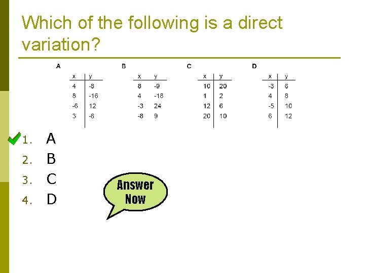 Which of the following is a direct variation? 1. 2. 3. 4. A B