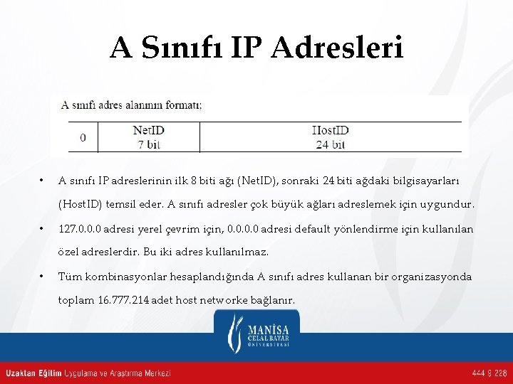 A Sınıfı IP Adresleri • A sınıfı IP adreslerinin ilk 8 biti ağı (Net.