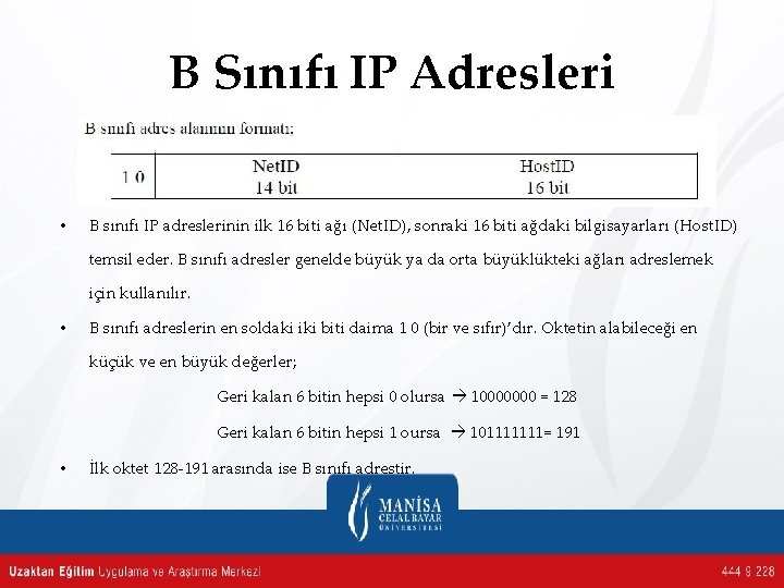 B Sınıfı IP Adresleri • B sınıfı IP adreslerinin ilk 16 biti ağı (Net.