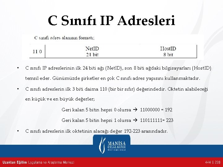 C Sınıfı IP Adresleri • C sınıfı IP adreslerinin ilk 24 biti ağı (Net.