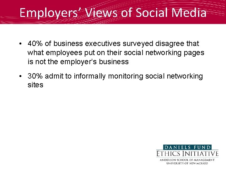 Employers’ Views of Social Media • 40% of business executives surveyed disagree that what