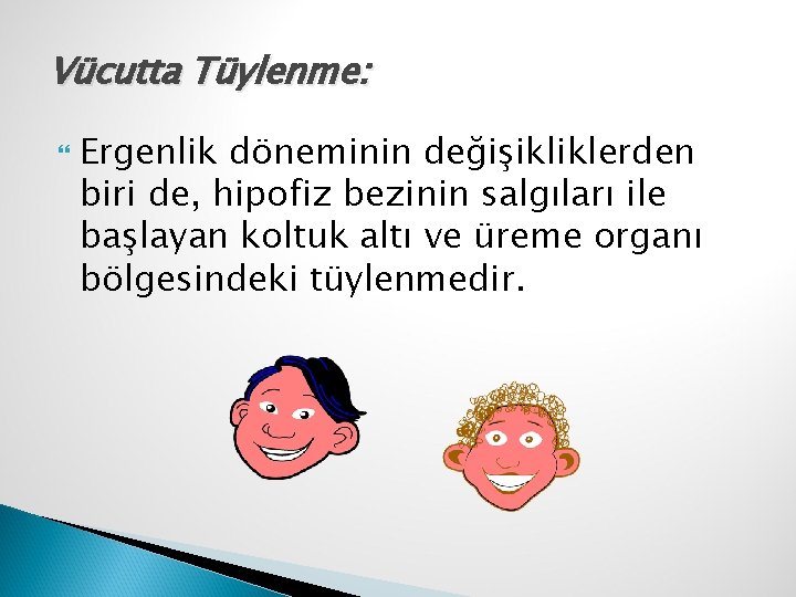 Vücutta Tüylenme: Ergenlik döneminin değişikliklerden biri de, hipofiz bezinin salgıları ile başlayan koltuk altı