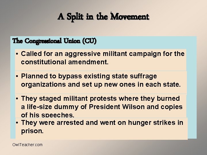 A Split in the Movement The Congressional Union (CU) • Called for an aggressive