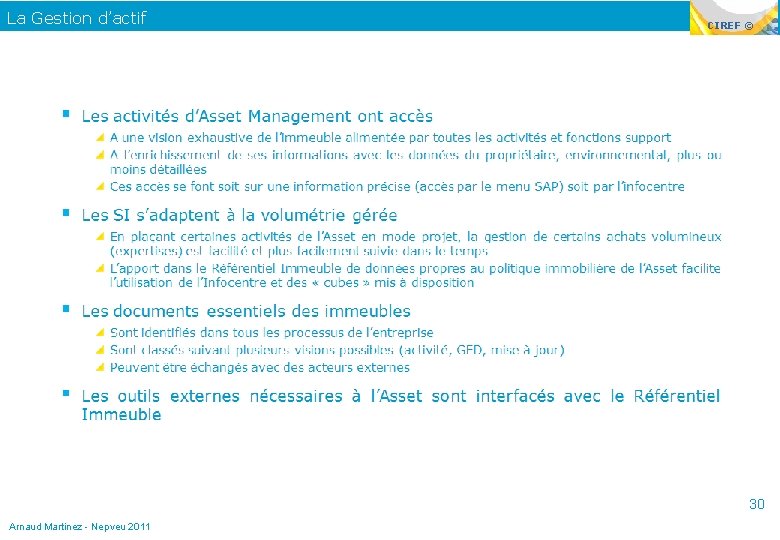 La Gestion d’actif CIREF © 30 Arnaud Martinez - Nepveu 2011 