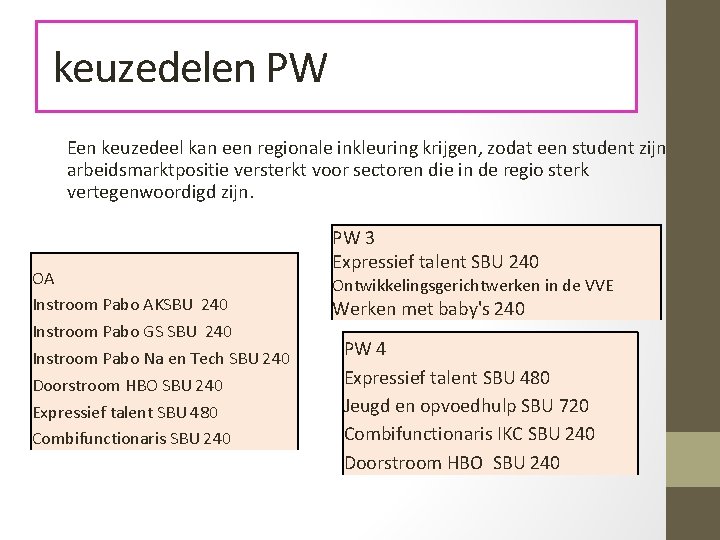 keuzedelen PW Een keuzedeel kan een regionale inkleuring krijgen, zodat een student zijn arbeidsmarktpositie