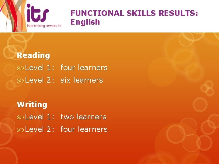 FUNCTIONAL SKILLS RESULTS: English Reading Level 1: four learners Level 2: six learners Writing