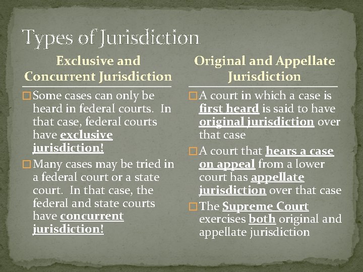 Types of Jurisdiction Exclusive and Concurrent Jurisdiction � Some cases can only be heard