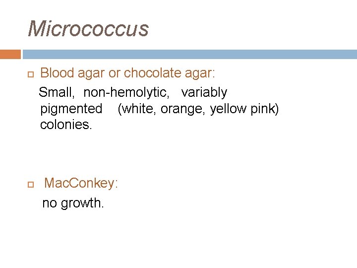 Micrococcus Blood agar or chocolate agar: Small, non-hemolytic, variably pigmented (white, orange, yellow pink) Micrococcus Blood agar or chocolate agar: Small, non-hemolytic, variably pigmented (white, orange, yellow pink)