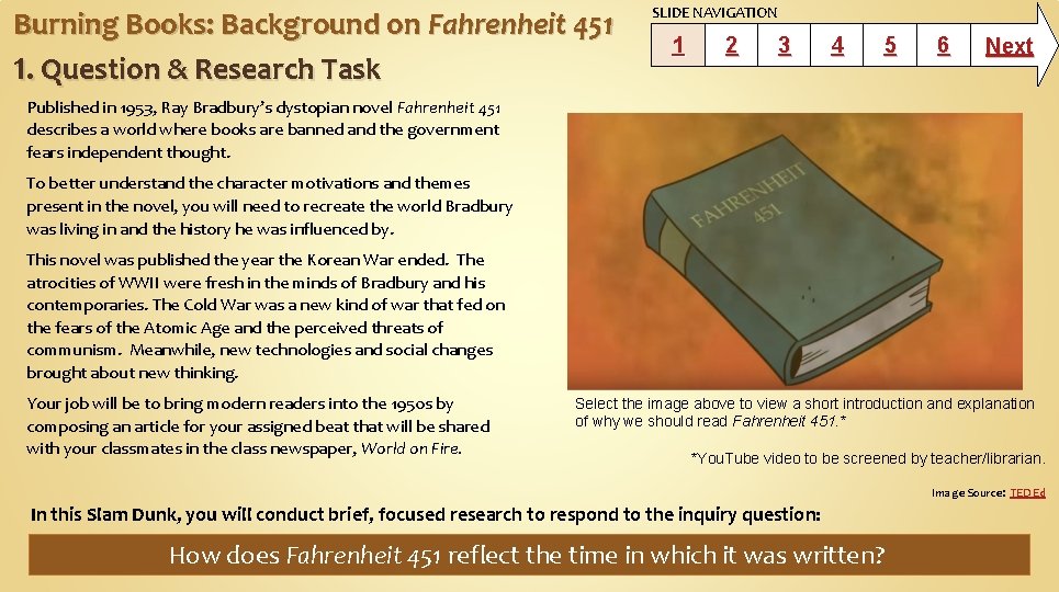 Burning Books: Background on Fahrenheit 451 1. Question & Research Task SLIDE NAVIGATION 1