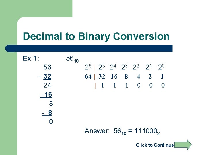 Decimal to Binary Conversion Ex 1: 56 - 32 24 - 16 8 -