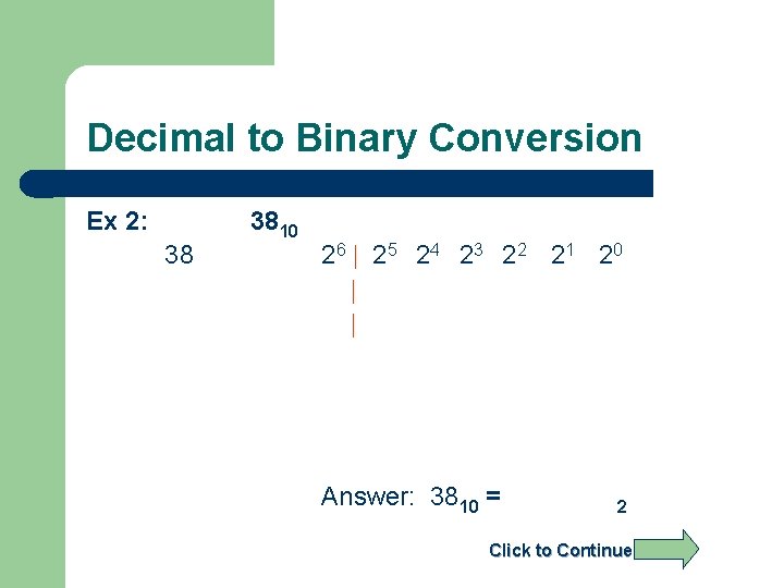 Decimal to Binary Conversion Ex 2: 38 3810 26 | 2 5 24 23