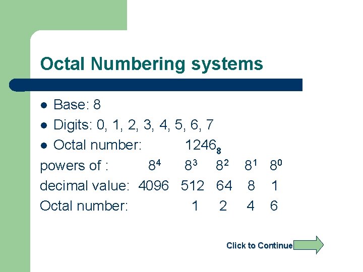 Octal Numbering systems Base: 8 l Digits: 0, 1, 2, 3, 4, 5, 6,