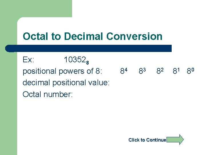 Octal to Decimal Conversion Ex: 103528 positional powers of 8: decimal positional value: Octal