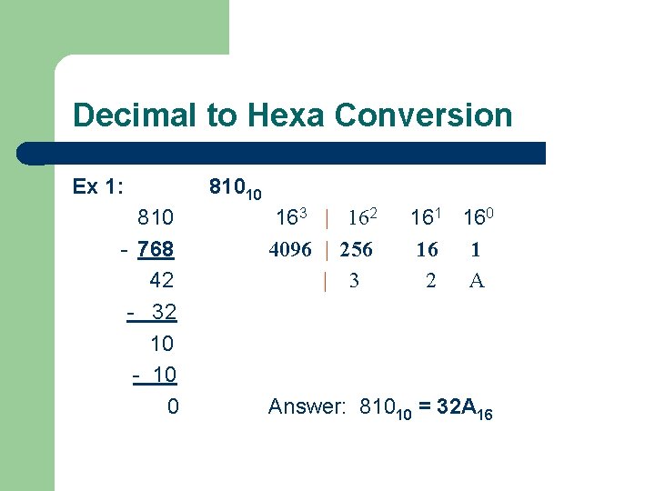 Decimal to Hexa Conversion Ex 1: 810 - 768 42 - 32 10 -