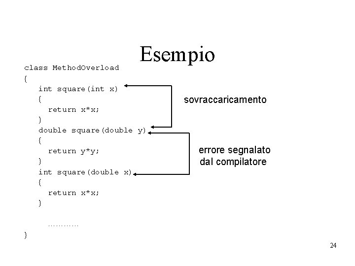 Esempio class Method. Overload int square(int x) return x*x; double square(double y) return y*y;