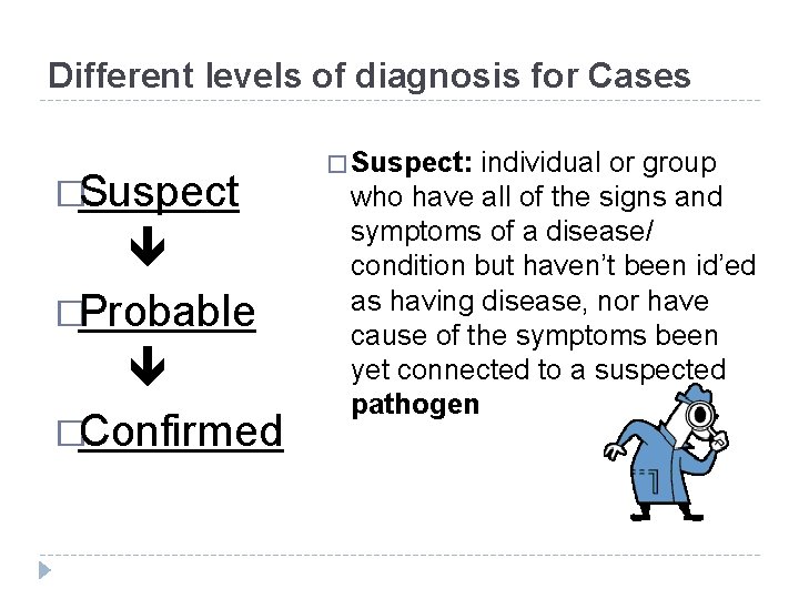 Different levels of diagnosis for Cases �Suspect �Probable �Confirmed � Suspect: individual or group