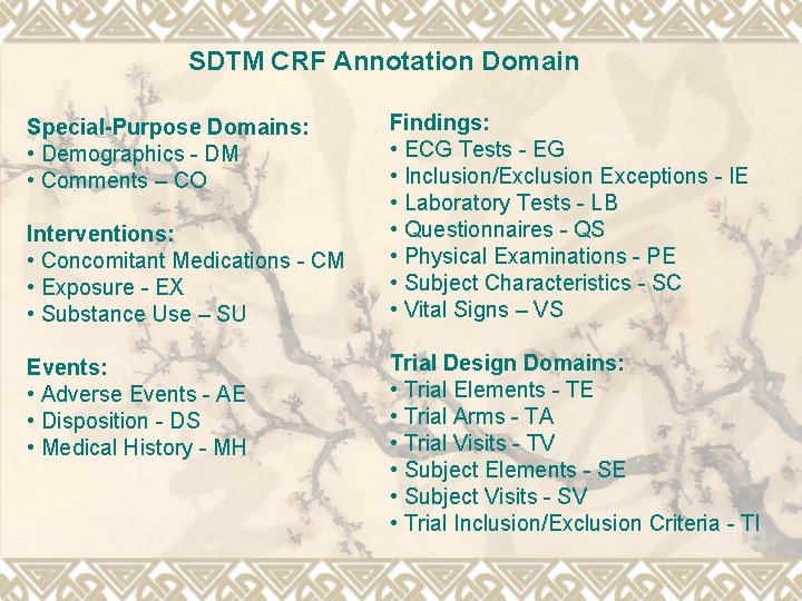 SDTM CRF Annotation Domain Special-Purpose Domains: • Demographics - DM • Comments – CO