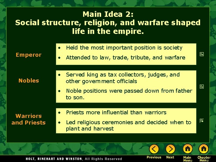 Main Idea 2: Social structure, religion, and warfare shaped life in the empire. •