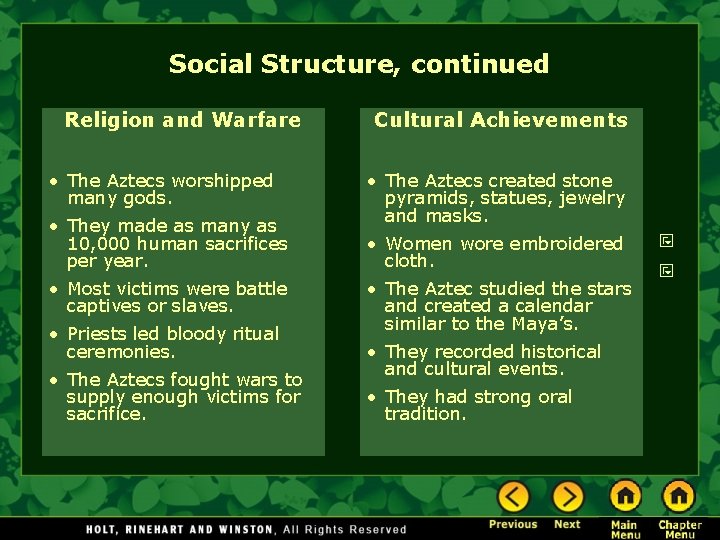 Social Structure, continued Religion and Warfare • The Aztecs worshipped many gods. • They
