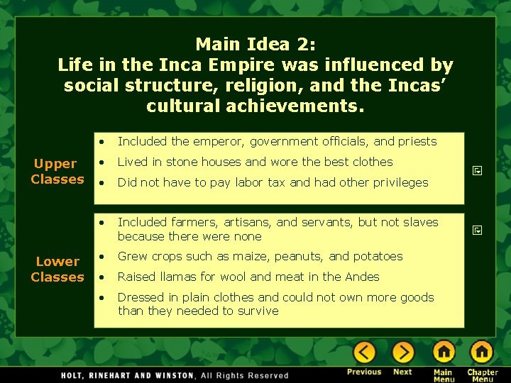 Main Idea 2: Life in the Inca Empire was influenced by social structure, religion,